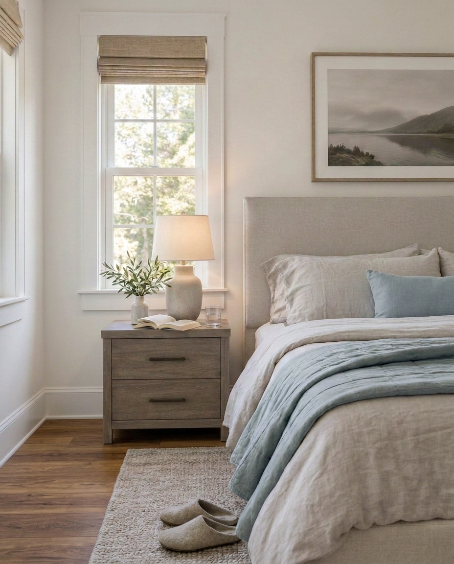 Conceptual bedroom with pale-blue linen accents, a graywashed nightstand, warm brown plank flooring, and the original window and bed arrangement