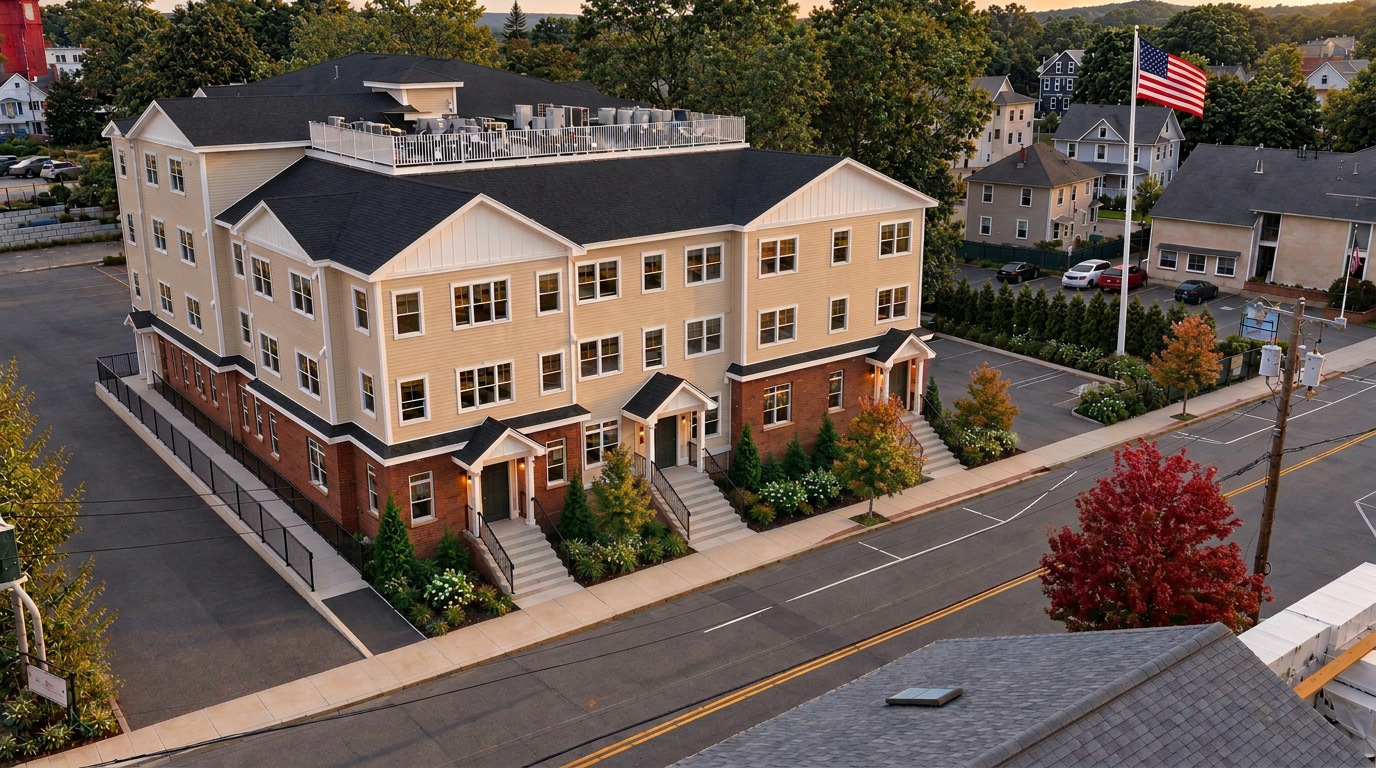 107 Hancock Street, a new three-story condominium building in Braintree, Massachusetts, shown from above with brick base, gabled rooflines, and an American flag