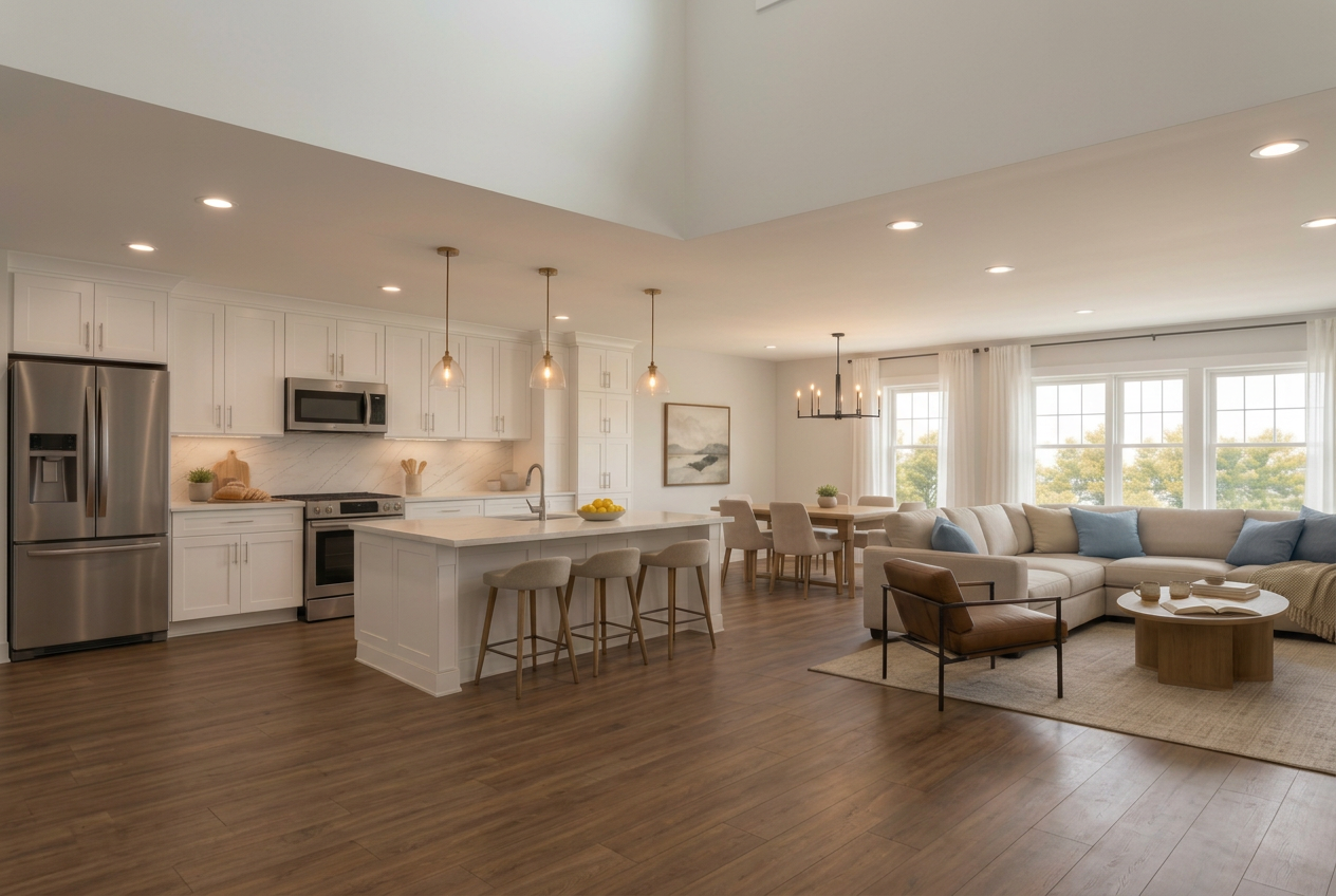 Conceptual kitchen and living area with soft-white cabinetry, veined stone counters, warm brown plank flooring, an island with three stools, and coastal-blue cushions